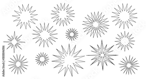 Numerous varying sized outlined geometric starburst graphic shapes arranged randomly on a clean white background simple vector art isolated ideal for design elements collection icon