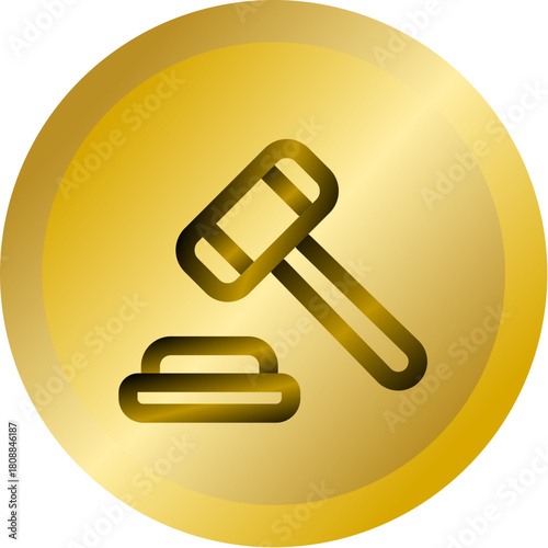 Shiny Gold Round Button With Gavel Law Auction Vector Icon