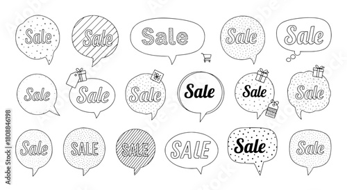 Hand drawn doodle style outlined sale icons displaying a discount message isolated on a white background featuring various shapes and patterns for promotional use