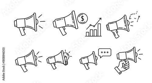 Outline hand drawn megaphone icon collection illustrating business marketing communication concepts on white a versatile graphic asset for digital promotion