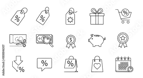 E-commerce marketing and finance related vector line icons displayed as a comprehensive collection on a pristine white background for discount and sales promotions