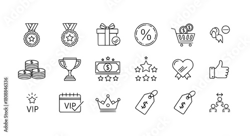 Diverse outline loyalty program icons representing concepts on a clean white background for modern digital interfaces illustrating customer appreciation and success