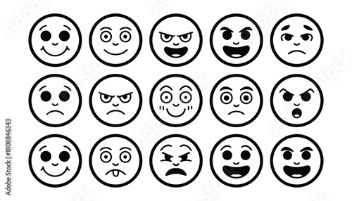 Fifteen black and white cartoon smiley face icons with various emotions and expressions on a white background