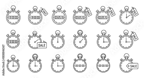 Digital and analog line art stopwatch icons showing time and sale tags curated collection for e-commerce promotions for urgency discounts