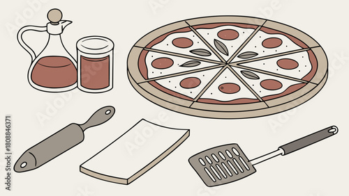 Delicious Pizza Ingredients and Kitchen Tools Isometric Illustration for Home Cooking Recipes Restaurant Menus and Food Delivery
