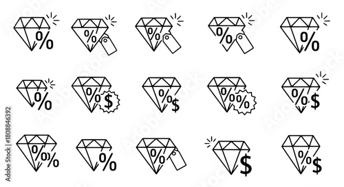Outlined black diamond icons displaying discounts and premium in a versatile collection on a white background with symbols for business commerce