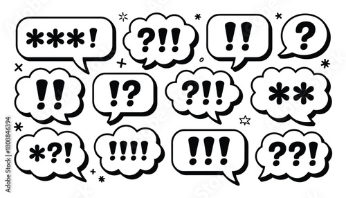Black and white comic style speech bubbles with punctuation marks and asterisks cartoon exclamation mark