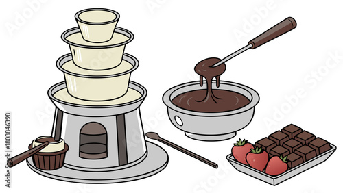 Delicious Chocolate Fondue Fountain with Fresh Strawberries and Gourmet Chocolate Squares for Party Dessert and Sweet Indulgence
