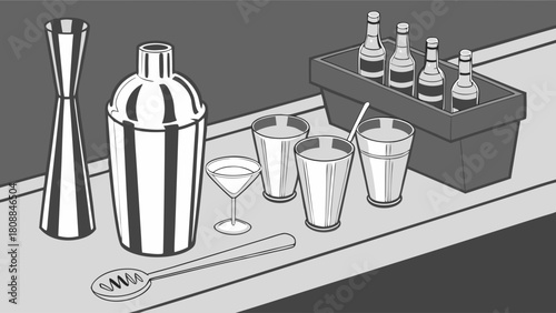 Professional Bartending Tools and Cocktail Shaker Set on Bar Counter for Mixology, Drink Recipes, Bar Menus, and Home Entertaining