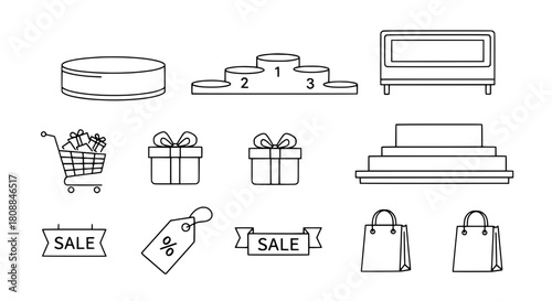 Minimalist line art collection showcasing various shopping retail and sales promotion icons arranged on a bright white surface