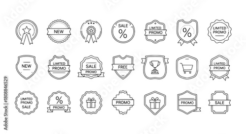 Outline collection of promotional marketing icons showcasing sales new arrivals and limited offers arranged neatly on a clear white background perfect for digital branding