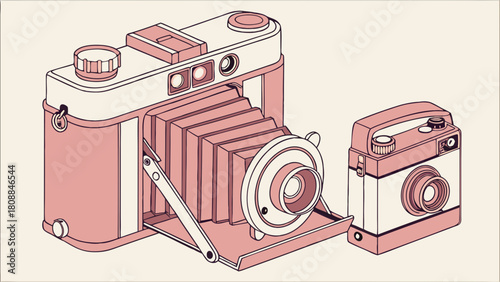 Vintage Film Cameras Illustration Retro Bellows and Compact Cameras for Photography History Nostalgia Creative Hobby and Classic Tech Design