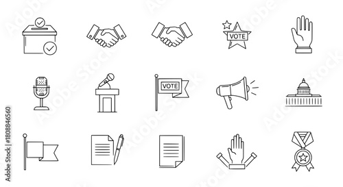 A comprehensive collection of hand-drawn outline icons depicting election democracy government and communication elements for political graphic designs