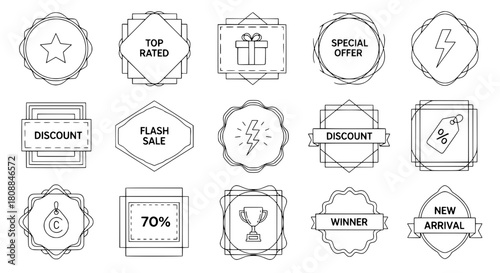A set of hand-drawn outline marketing icons showcasing deals ratings and awards organized on a white background in a grid layout for digital sales promotion assets