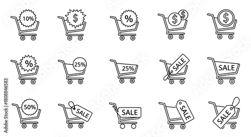 Collection of various outline shopping cart icons displaying discounts promotions and sales for e-commerce and retail advertising on a clean background digital graphic resource