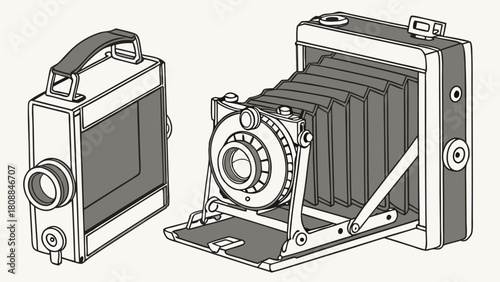 Vintage Film Cameras Line Art Illustration. Classic Box and Folding Photography Equipment for Retro Design and Historical Content