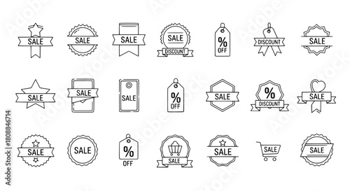 Hand-drawn outline sale discount promotion icon collection displayed on a clean white background for marketing web design