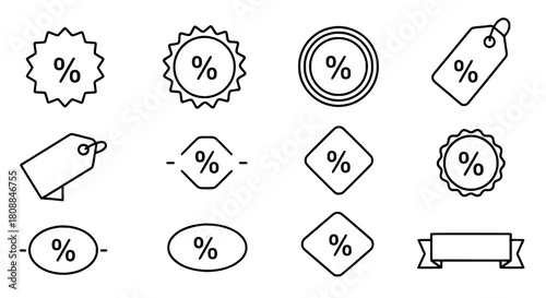 Diverse outline discount percentage collection icons representing sales arranged on a simple white backdrop for e-commerce retail marketing campaigns