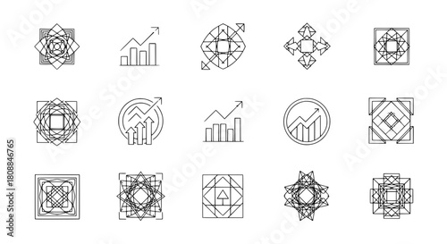 Minimalist monochrome business and abstract graphic icons collection displaying on a grid layout against a stark white background for professional digital design resources