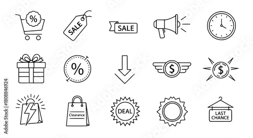 Various outline marketing icons illustrating promotional shopping deals and e-commerce activities on a clean isolated white background icon set