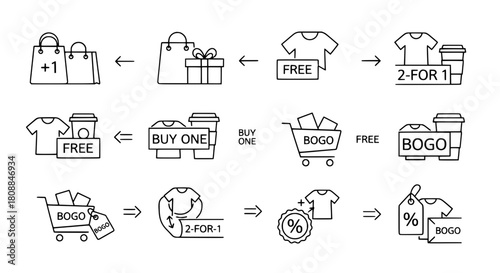 Essential outline retail promotion marketing icons illustrating various discount sales on a digital canvas arranged in a comprehensive grid for e-commerce business campaigns