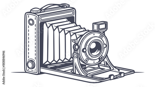 Vintage Folding Camera Line Art Illustration. Retro Photography Equipment for Creative Design, Nostalgia, and Historical Content. Classic Film Camera Drawing.