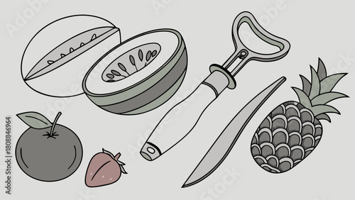 Line Art Illustration of Fresh Fruits and Kitchen Tools. Melon Pineapple Apple Strawberry Bottle Opener Knife for Healthy Cooking and Recipe Design.