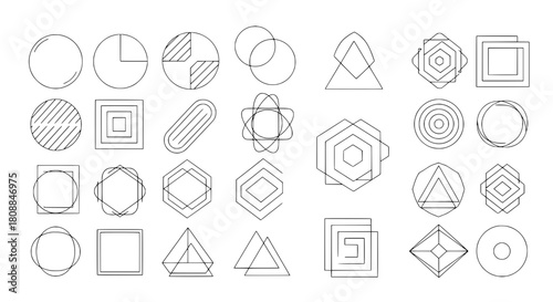 A diverse collection of minimalist geometric abstract line art icons and shapes displayed on a simple clean white background as graphic design elements