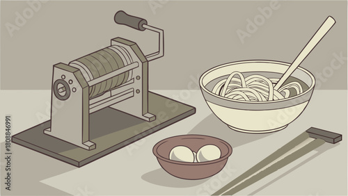 Traditional Noodle Making Process Illustration with Hand Crank Machine Fresh Eggs and Cooked Asian Noodles for Food Blogs and Recipes