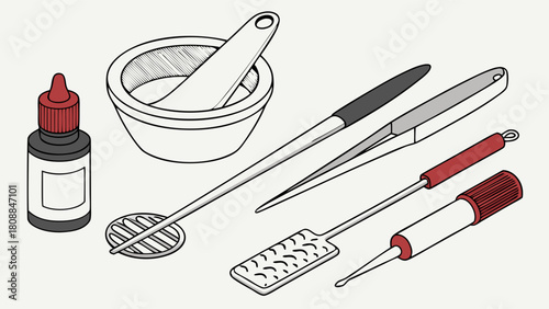 Mortar Pestle Dropper Tweezers. Precision Lab Tools for Scientific Research, Chemistry, Pharmacy, and Detailed Crafting Projects.