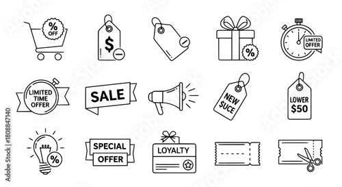 Outline collection icon set representing various e-commerce sales promotions discounts and loyalty programs on a white background for marketing applications