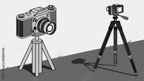 Vintage Film Camera and Modern Digital Camera on Tripods Outdoors for Photography Technology Comparison and Creative Content