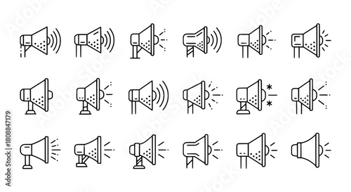 Diverse outline style megaphone icons collection emitting sound light signals on white background for communication promotion announcement symbols
