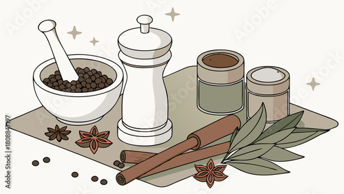 Natural Culinary Spices Herbs Collection Mortar Pestle Grinder Star Anise Cinnamon for Cooking Recipes Food Blogs Kitchen Decor Flat Design