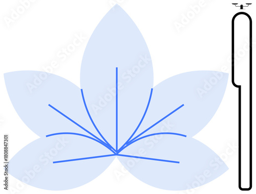 Blue lotus with abstract petals, intersecting lines, minimalistic quadcopter above monopod. Ideal for technology, nature, harmony, innovation, design inspiration, eco-friendly concepts mindfulness