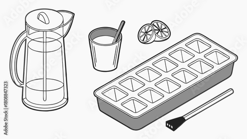 Refreshing Cold Drink Preparation Line Art Illustration Water Pitcher Ice Tray Lemon Slices for Summer Beverages Homemade Recipes Hydration