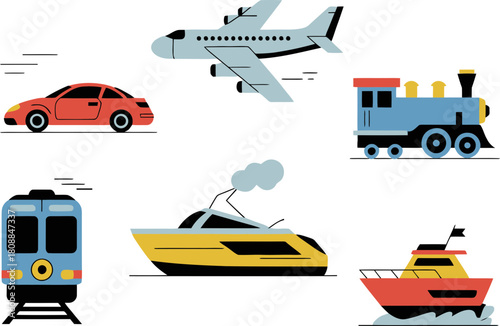 Fun vibrant modes of transportation including airplane, boats, trains, and car