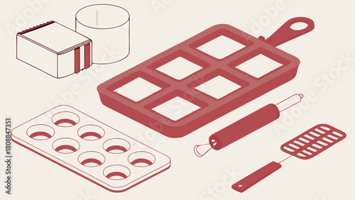 Isometric Illustration of Baking Tools and Bakeware for Delicious Home Kitchen Recipes and Creative Culinary Blogs