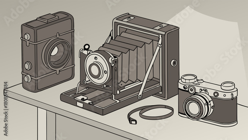 Nostalgic Collection of Vintage Film Cameras and Photography Gear on Table. Retro Illustrated Art for History, Hobbies, and Creative Design.