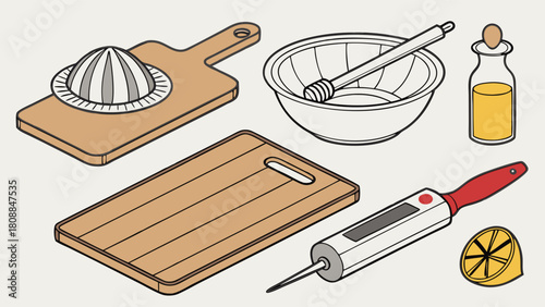 Isometric Kitchen Tools for Healthy Cooking. Fresh Food Preparation Essentials. Vector Illustration for Home Chefs, Recipe Blogs, and Food Marketing.