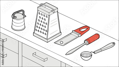 Isometric Kitchen Utensils Line Art on Countertop. Essential Tools for Home Cooking, Baking, and Food Preparation. Perfect for Culinary Websites and Guides.