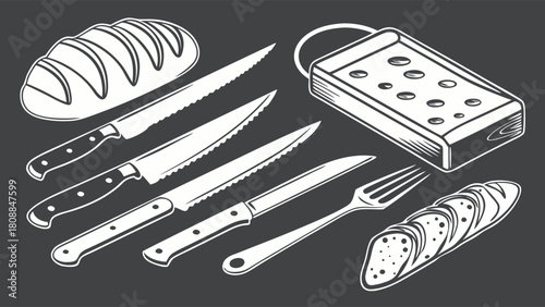 Engraved Kitchen Tools Set: Artisan Bread, Slicing Knives, Cheese Grater, and Carving Fork. Perfect for Culinary Blogs, Restaurant Branding, and Recipe Books.