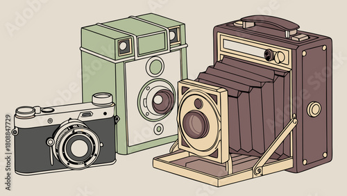 Vintage Film Cameras Illustration Set for Photography Enthusiasts Creative Projects and Nostalgia Marketing