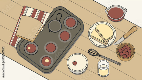 Delicious Homemade Dessert Baking Preparation Flat Lay with Fresh Berries Bread and Sweet Ingredients on Wooden Table