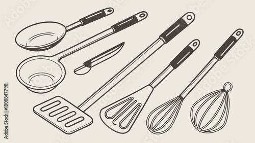 Classic Kitchen Utensils Line Art Collection for Home Cooking and Restaurant Food Preparation. Vintage Hand Drawn Culinary Tools for Recipe Blogs and Web Design.