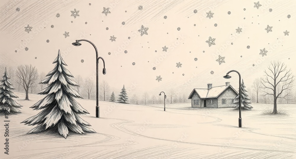 Obraz premium A drawing of a snowy landscape with a house and trees