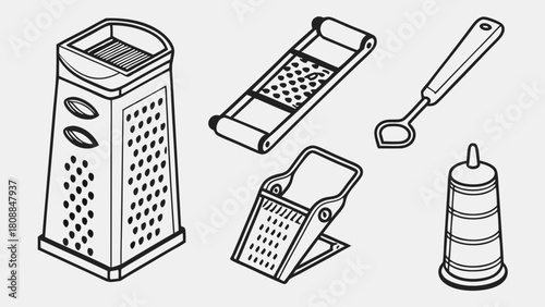 Versatile Kitchen Graters and Food Shredders for Home Cooking and Professional Culinary Use Line Art Illustration