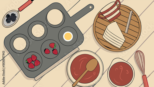 Fresh Baking Ingredients and Kitchen Utensils Flat Lay for Homemade Breakfast Pastries and Sweet Treats