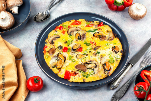 Omelet with mussels.