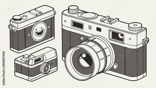 Playful Retro Vintage Photography Cameras Isometric Line Art Illustration. Design Element for Web, App, Blog, and Creative Projects.